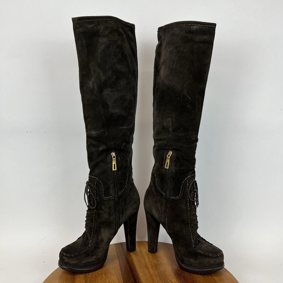 Womens Prada Brown Suede Lace Up Block Heel Platform Tall Boots Size EU 38.5 - Picture 6 of 14